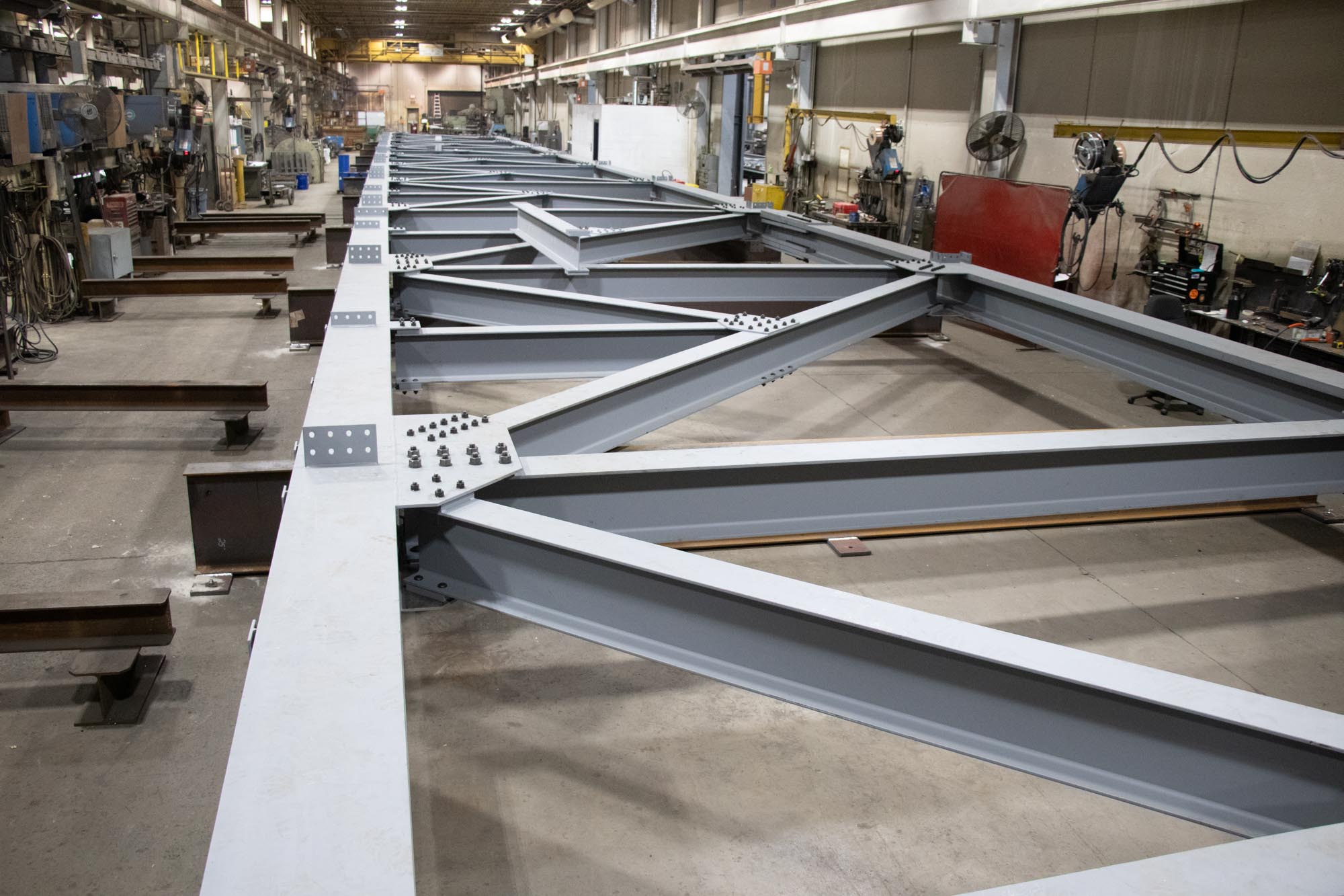 Large steel framework inside industrial workshop